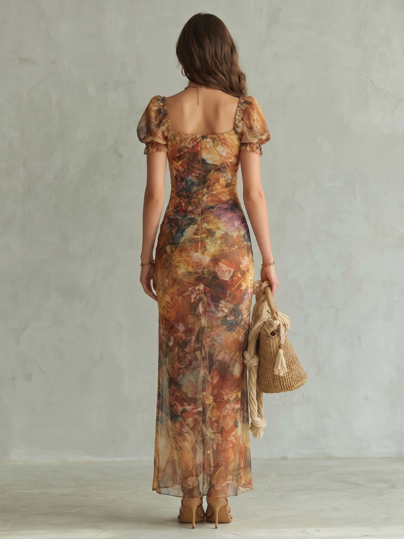 Sweetheart Neck Floral Puff Sleeve Ruched High Slit Midi Dress 4