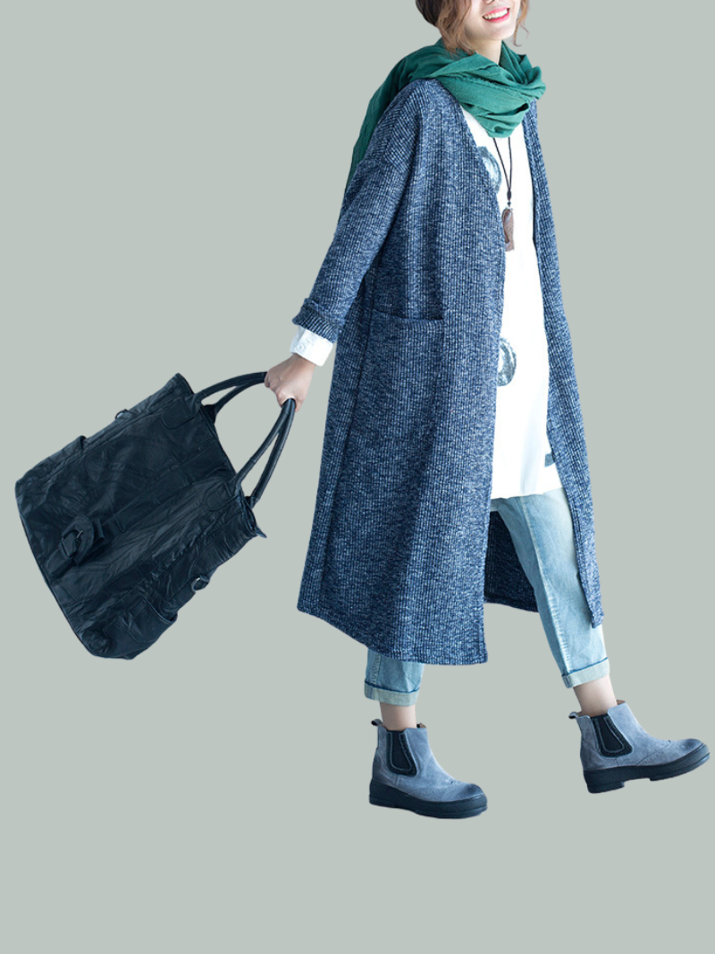 Open Front Long Sleeve Patch Pocket Knit Longline Cardigan