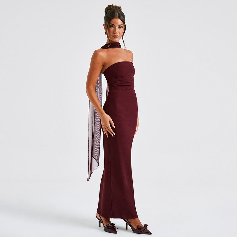 Hudson Maxi Dress With Stole And Gloves - Maroon