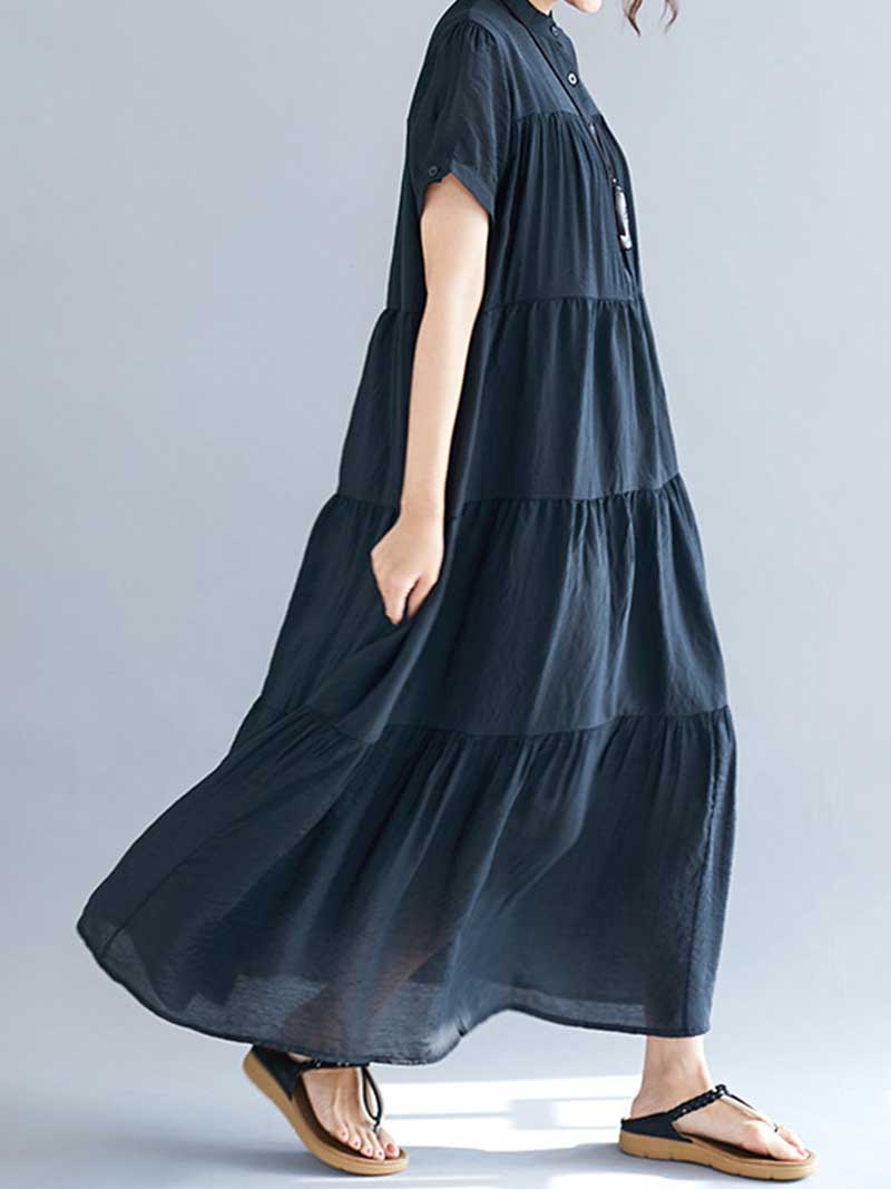 Black Band Collar Short Sleeve Tiered Smock A-Line Maxi Dress 4