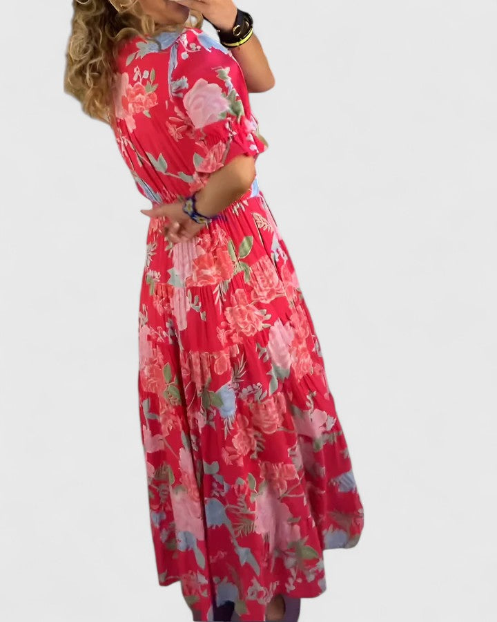 V-Neck Ruched Waist Bold Floral Puff Sleeve Tiered Maxi Dress