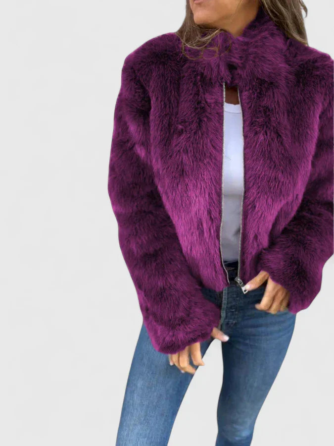 Stand Collar Faux Fur Zip Front Cropped Jacket