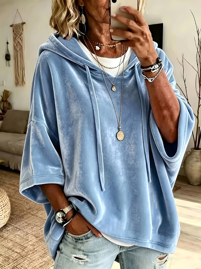 Hooded Drawstring Batwing Sleeve Oversized Velour Hoodie 2