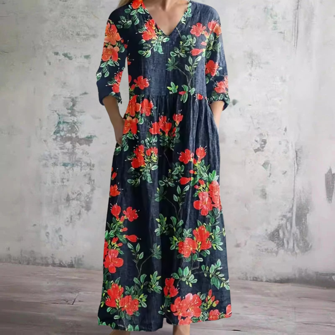 Black V-Neck Floral Print Pocket Pleated Waist A-Line Maxi Dress