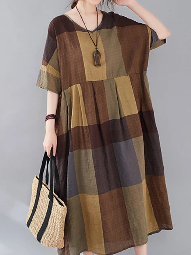 Brown V-Neck Short Sleeve Plaid Pleated Loose Cotton Midi Dress