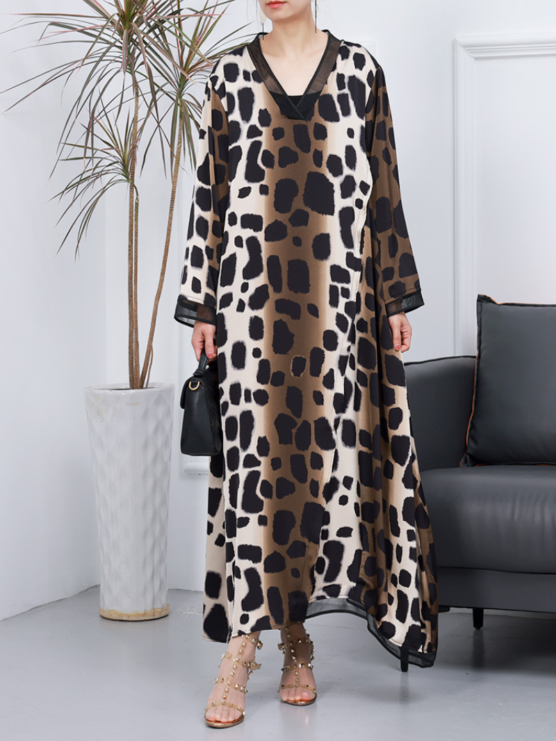Coffee V-Neck Leopard Print Long Sleeve Loose Kaftan Maxi Dress
