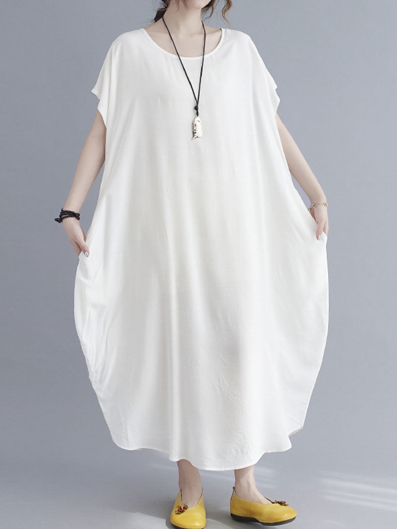 Round Neck Short Sleeve Loose Cocoon Maxi Dress 21