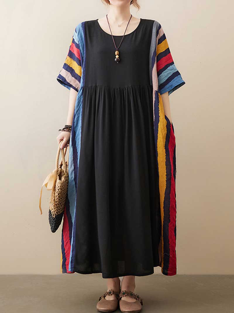 Multicolor Round Neck Short Sleeve Striped Panel Pleated Loose Maxi Dress