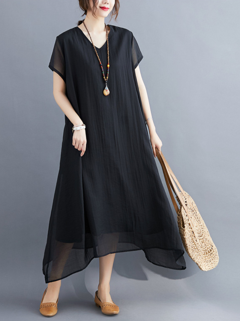 V-Neck Short Sleeve Layered Chiffon Loose A-Line Maxi Dress