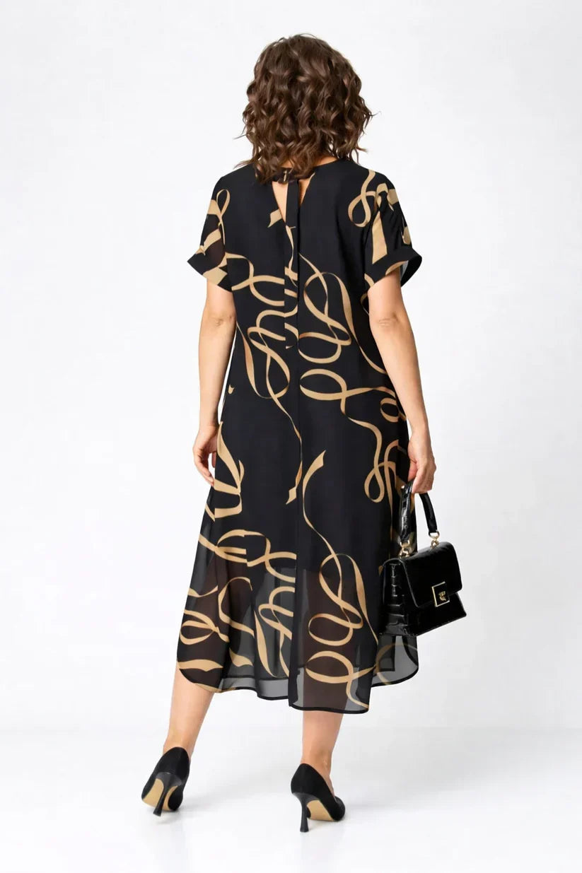 V-Neck Short Sleeve Abstract Swirl Print Chiffon A-Line Midi Dress