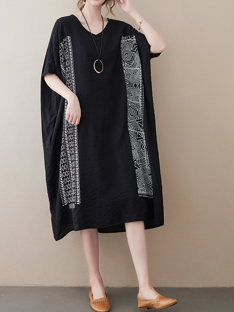 V-Neck Batwing Sleeve Geometric Print Loose Oversized Midi Dress 11