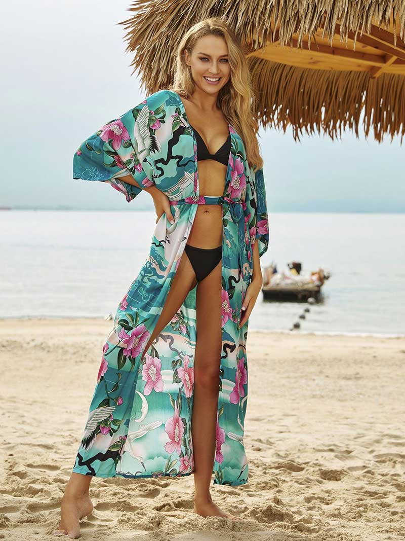 Green Tie Waist Floral Crane Print Long Kimono Robe 4