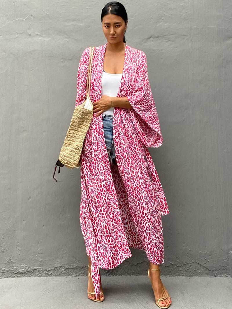 Open Front Abstract Print Belted Long Kimono Robe 17