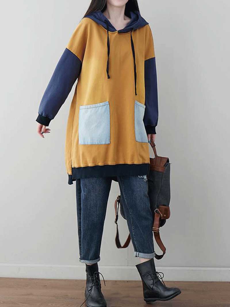 Hooded Color Block Patch Pocket Drawstring Oversized Hoodie 6