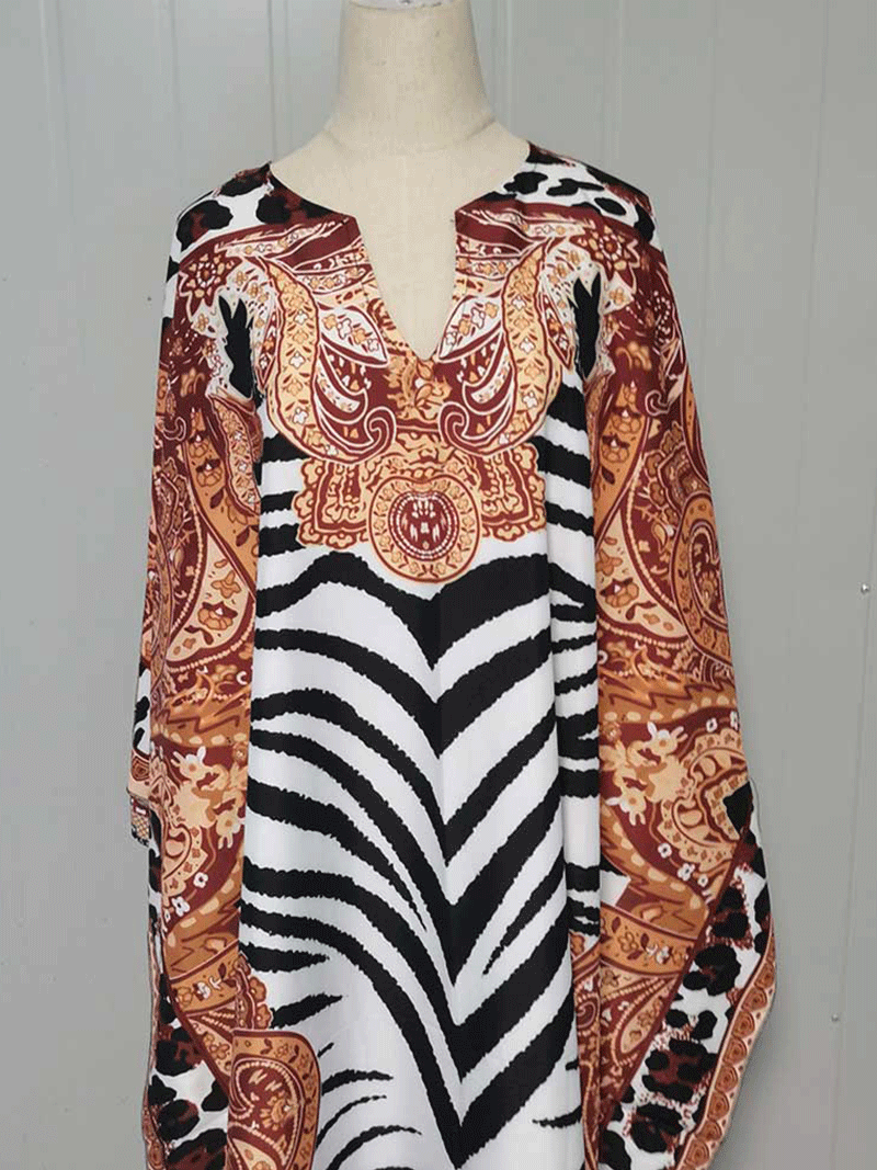 Multicolor Split Neck Zebra Paisley Print Batwing Sleeve Kaftan Maxi Dress 4