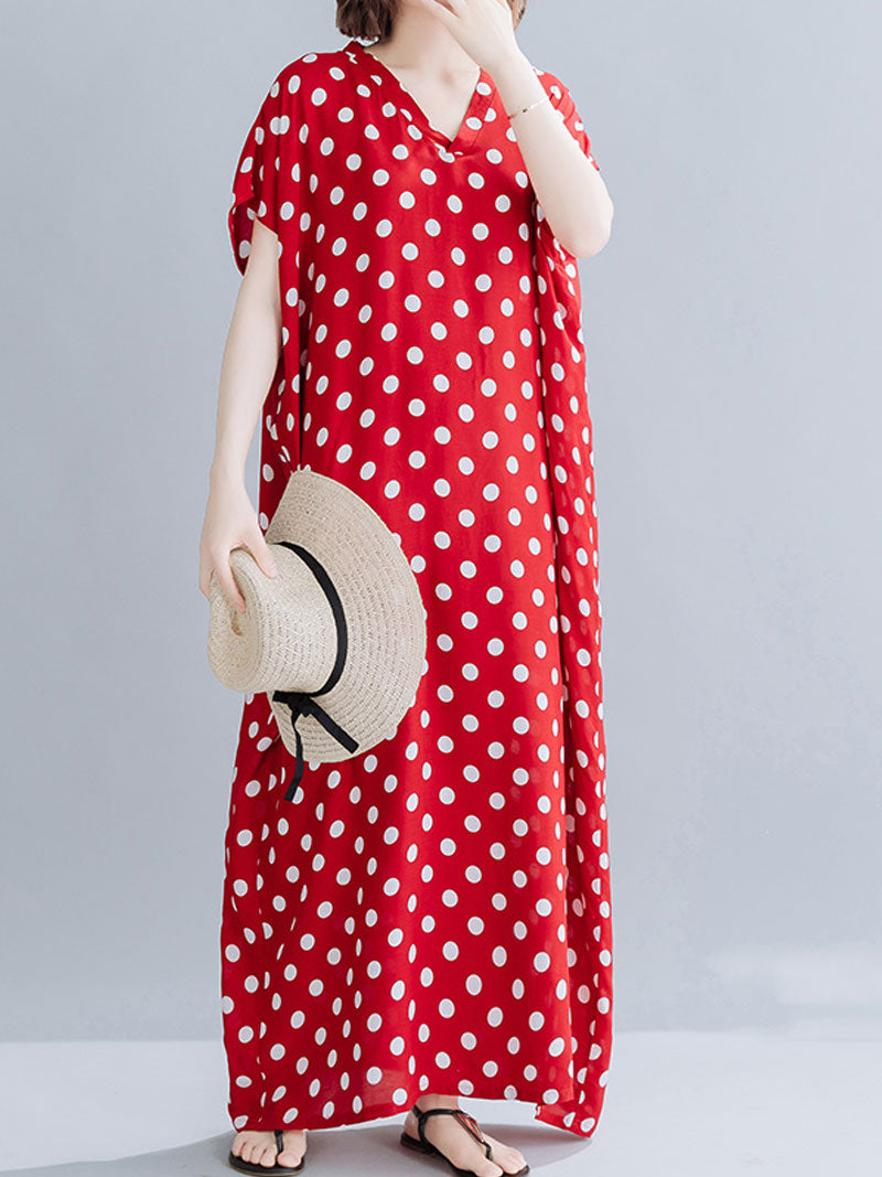 Red V-Neck Short Sleeve Polka Dot Loose Kaftan Maxi Dress 5