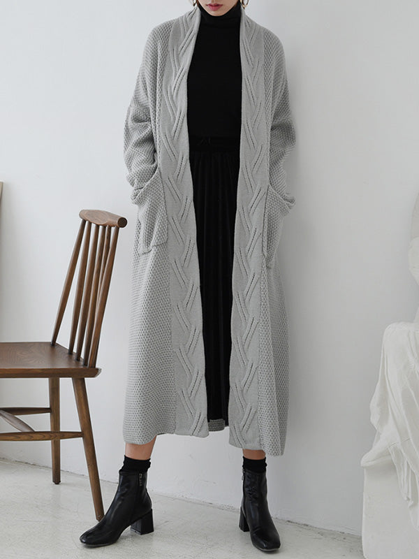 Open Front Cable Knit Longline Pocket Cardigan