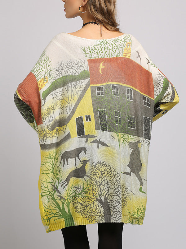 Boat Neck Scenic Print Long Sleeve Loose Knit Sweater 4