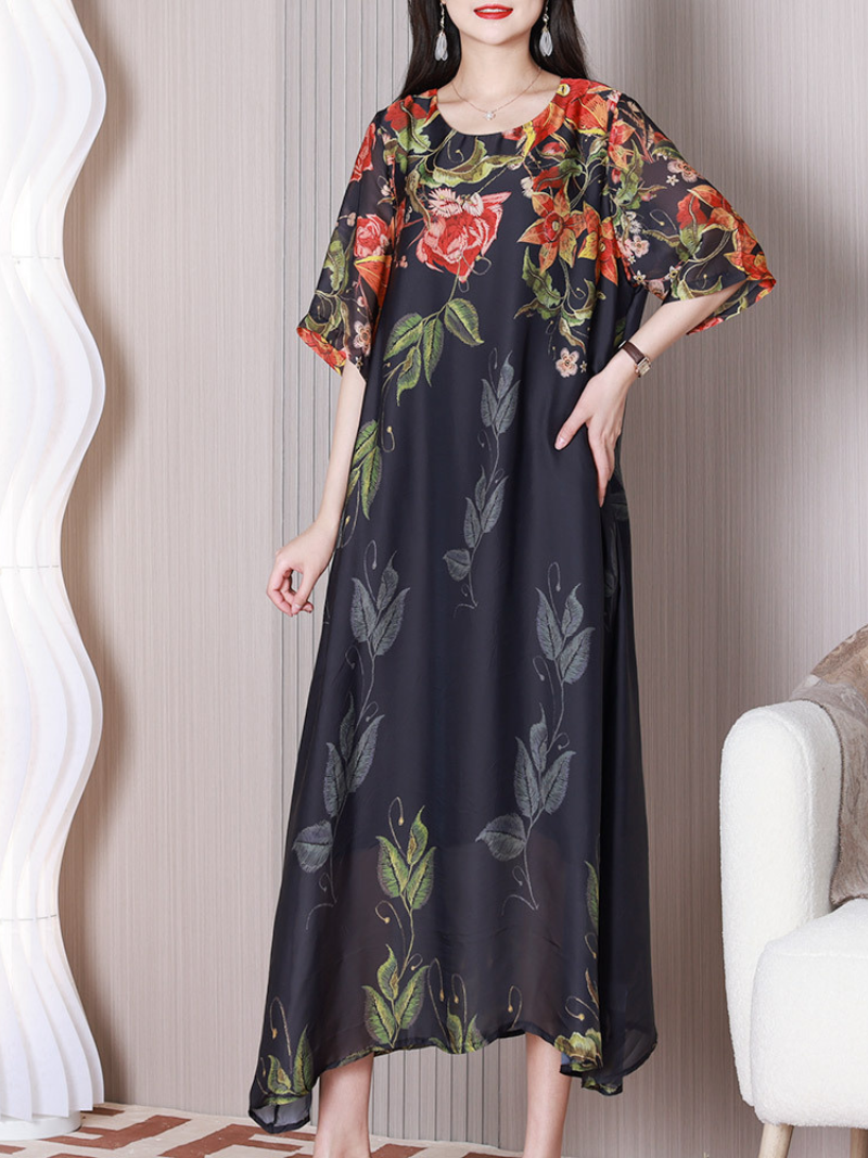 Round Neck Floral Flutter Sleeve Chiffon A-Line Maxi Dress 3