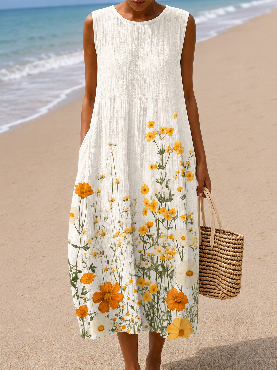 Round Neck Sleeveless Textured Wildflower Print Pocket A-Line Midi Dress