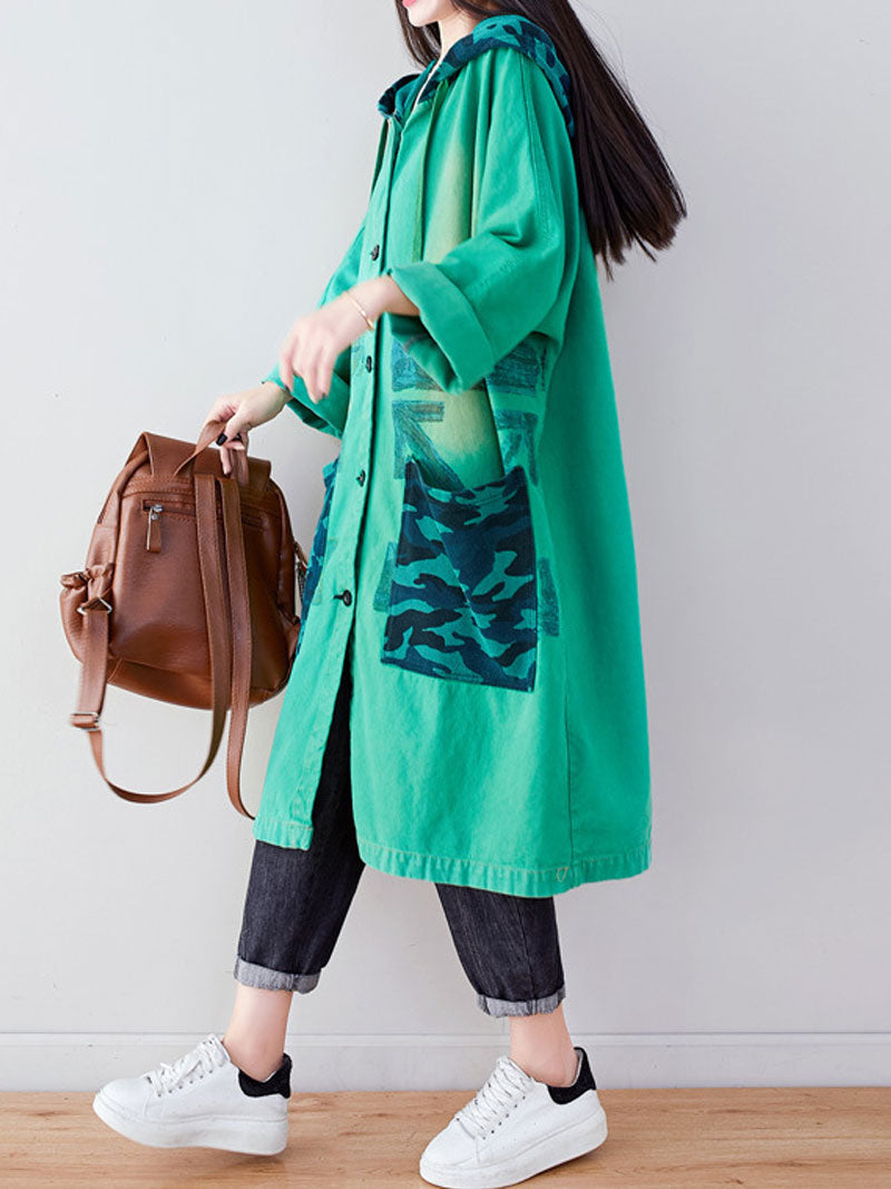 Hooded Graffiti Print Patch Pocket Long Denim Coat 14