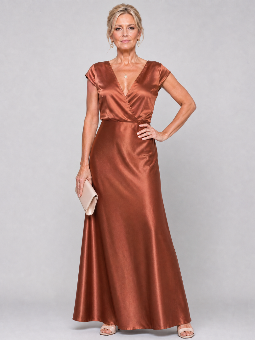V-Neck Cap Sleeve Satin Wrap Bodice Bias Maxi Gown 5