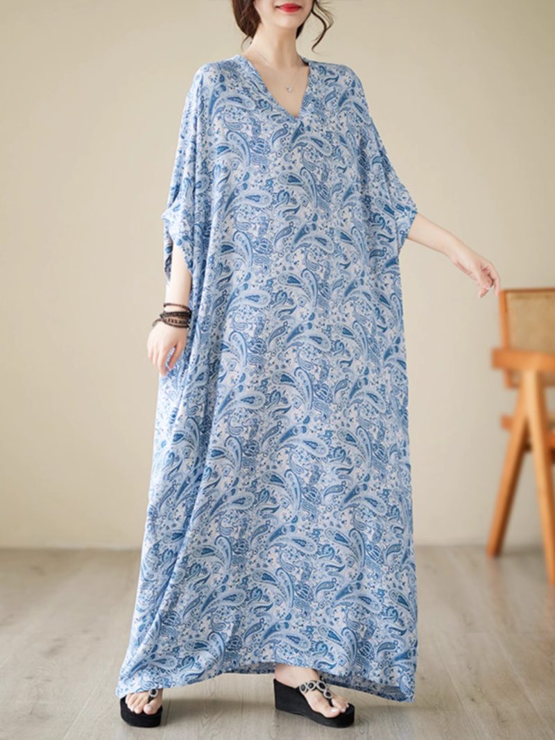 Split Neck Batwing Sleeve Paisley Print Loose Kaftan Maxi Dress 2