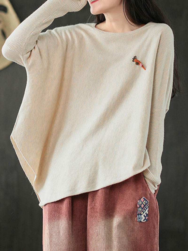 Round Neck Batwing Sleeve Carrot Embroidered Loose Knit Sweater