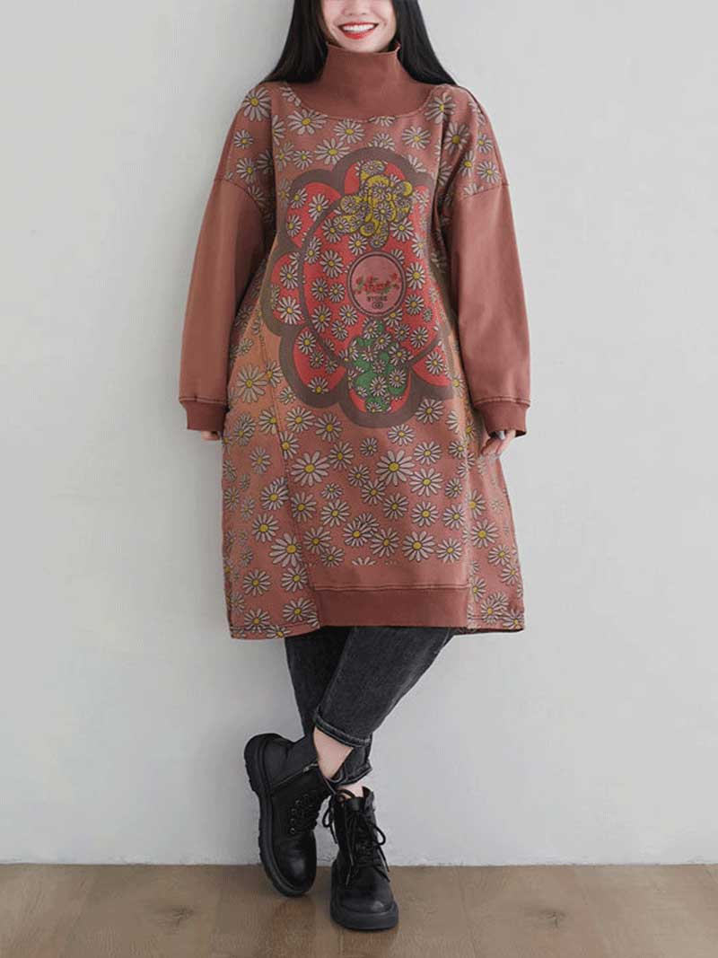 Turtleneck Floral Daisy Print Medallion Oversized Sweatshirt Midi Dress