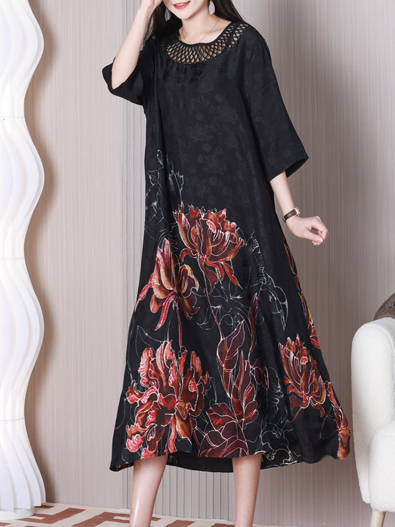 Cutout Round Neck Half Sleeve Floral Print Loose Midi Dress