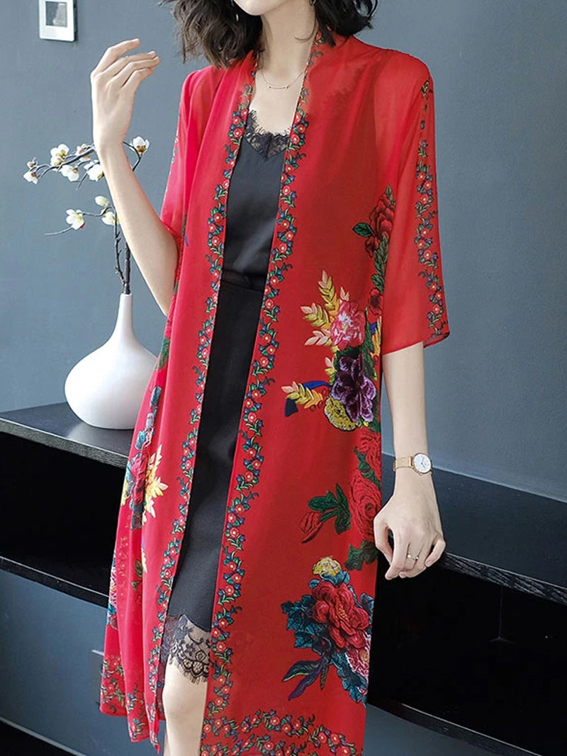 Open Front Floral Print Sheer Chiffon Long Kimono 3