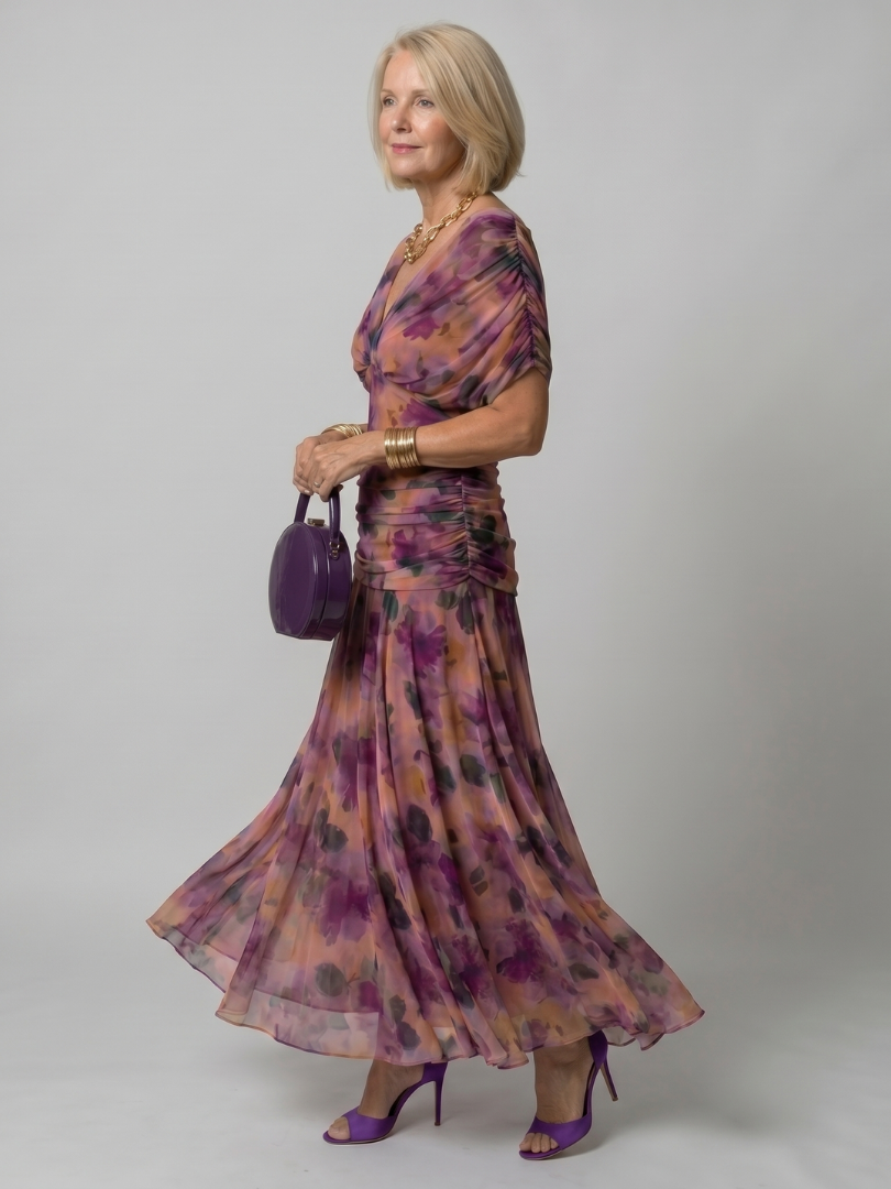 Off-Shoulder Draped Floral Chiffon Ruched Flowy Midi Dress