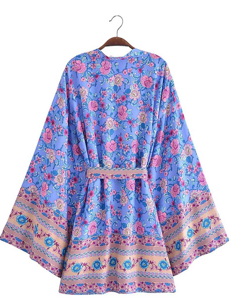 Ditsy Floral Border Print Belted Open-Front Short Kimono 4