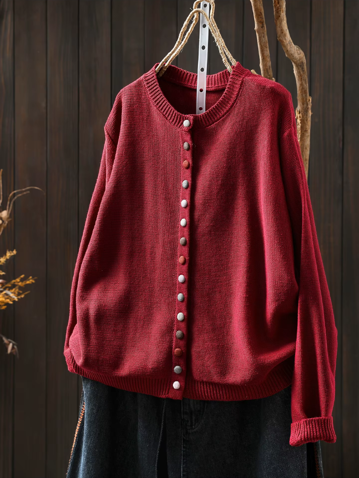Knit Round Neck Multicolor Button Long Sleeve Cardigan