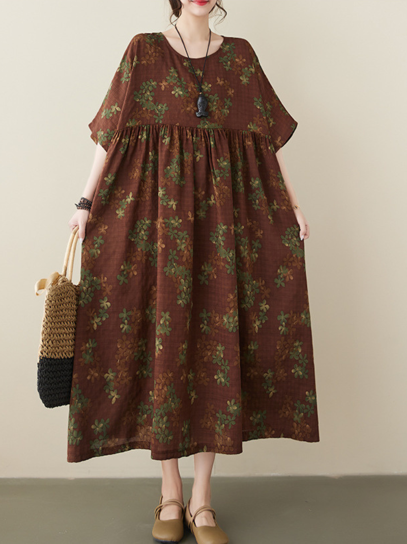 Coffee Round Neck Floral Cluster Smock Empire Waist Maxi Dress