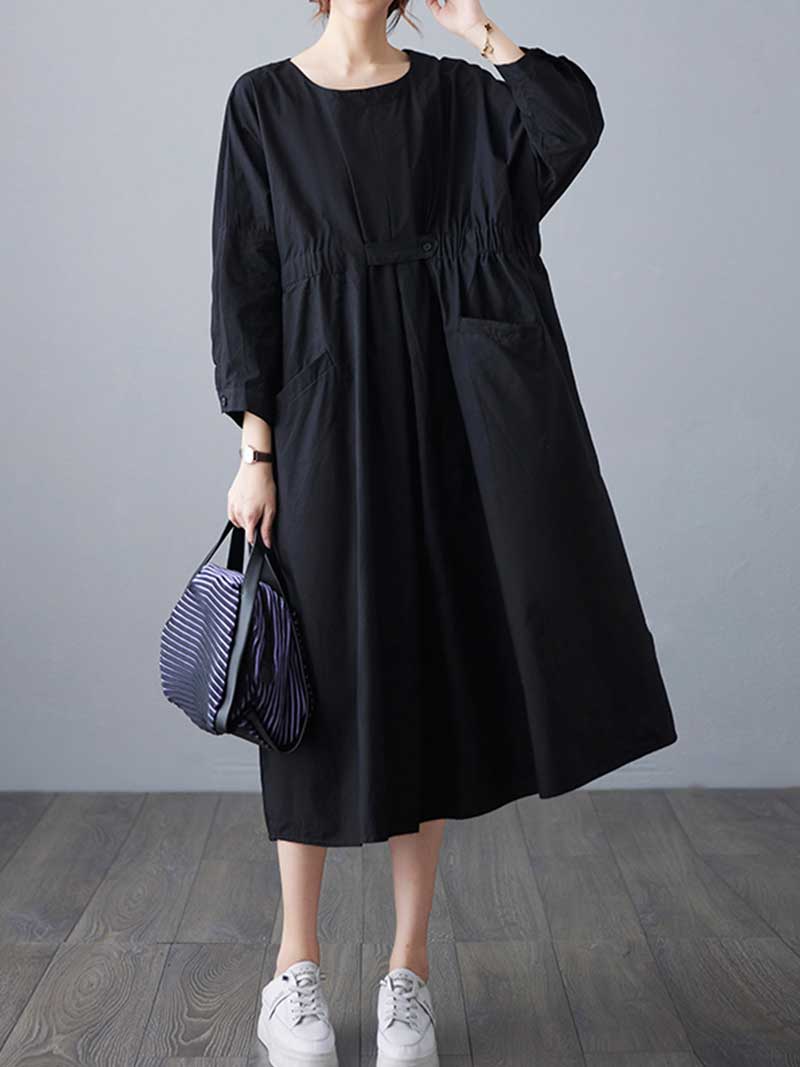 Round Neck Half Sleeve Cinched Waist Pocket Cotton Midi Dress