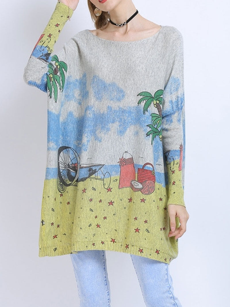 Boat Neck Long Sleeve Beach Scenic Print Oversized Knit Sweater 3