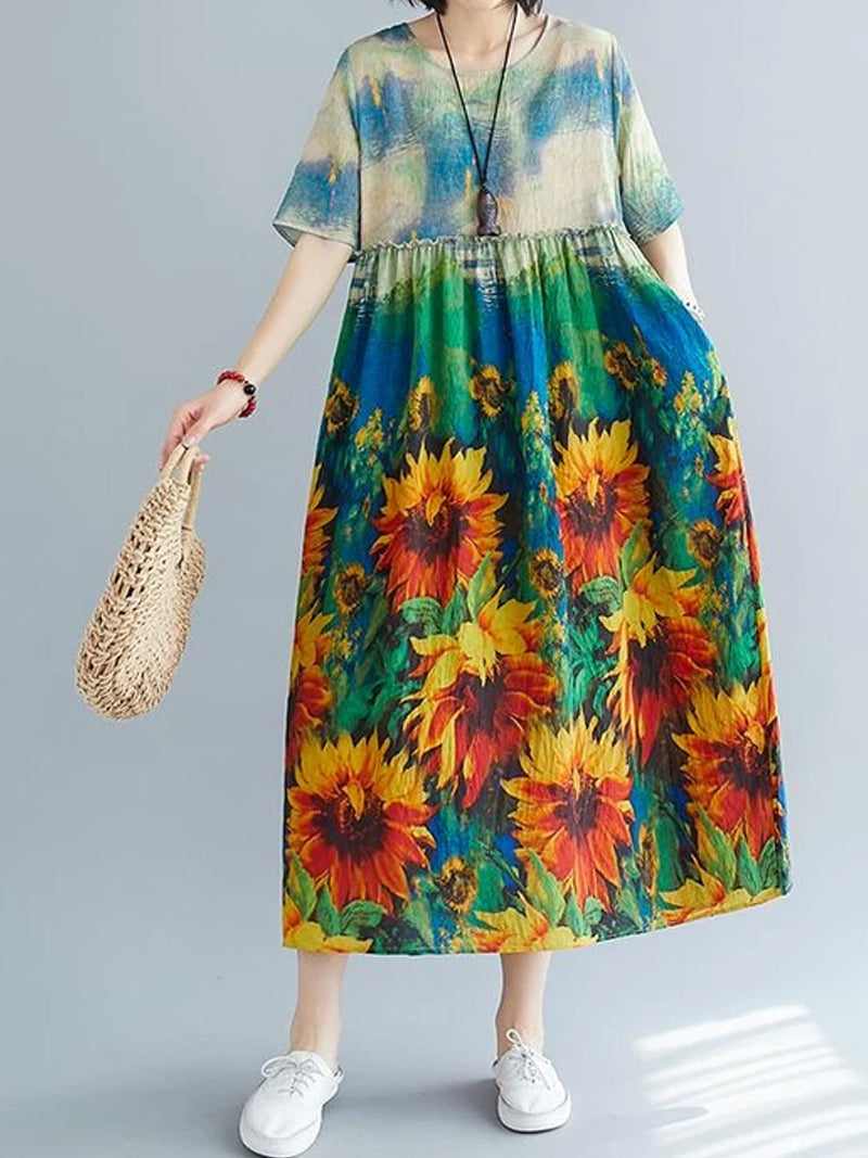 Multi Color Round Neck Sunflower Print Short Sleeve Pleated Smock Midi Dress 3