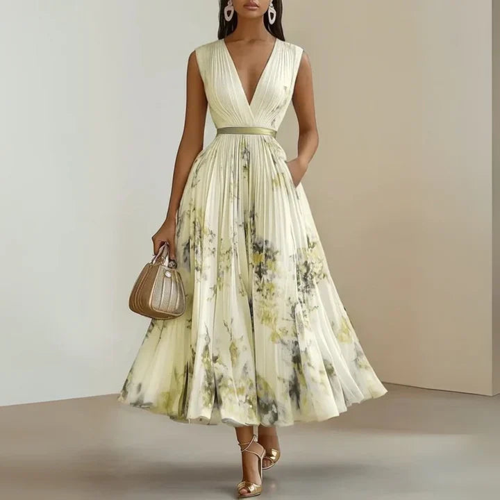 V-Neck Sleeveless Pleated Belted Watercolor Floral A-Line Midi Dress 4