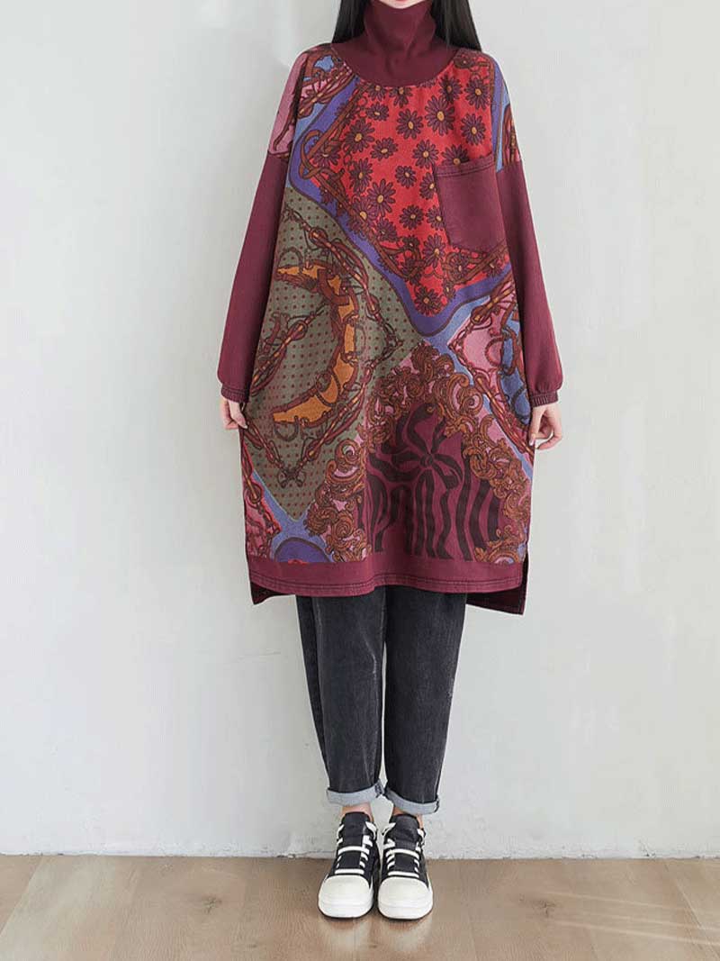 Round Neck Mixed Print Plaid Panel Long Sleeve Shift Midi Dress 3