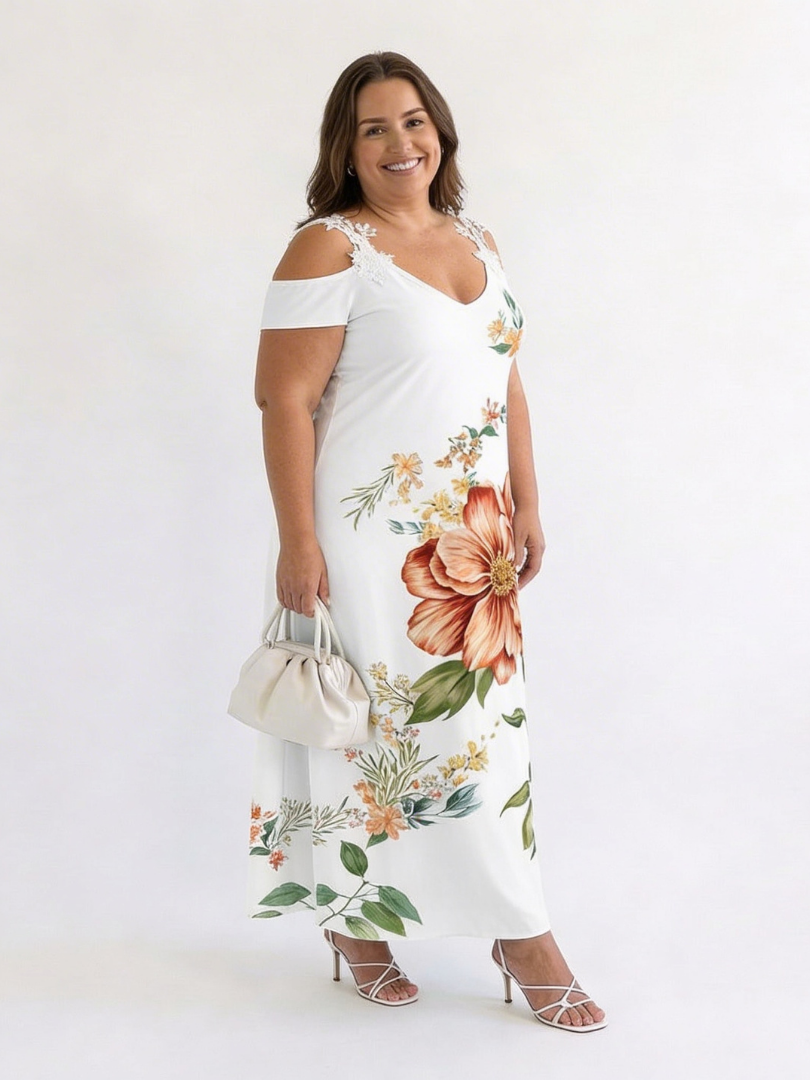 White V-Neck Lace Cold Shoulder Floral Short Sleeve A-Line Maxi Dress 3