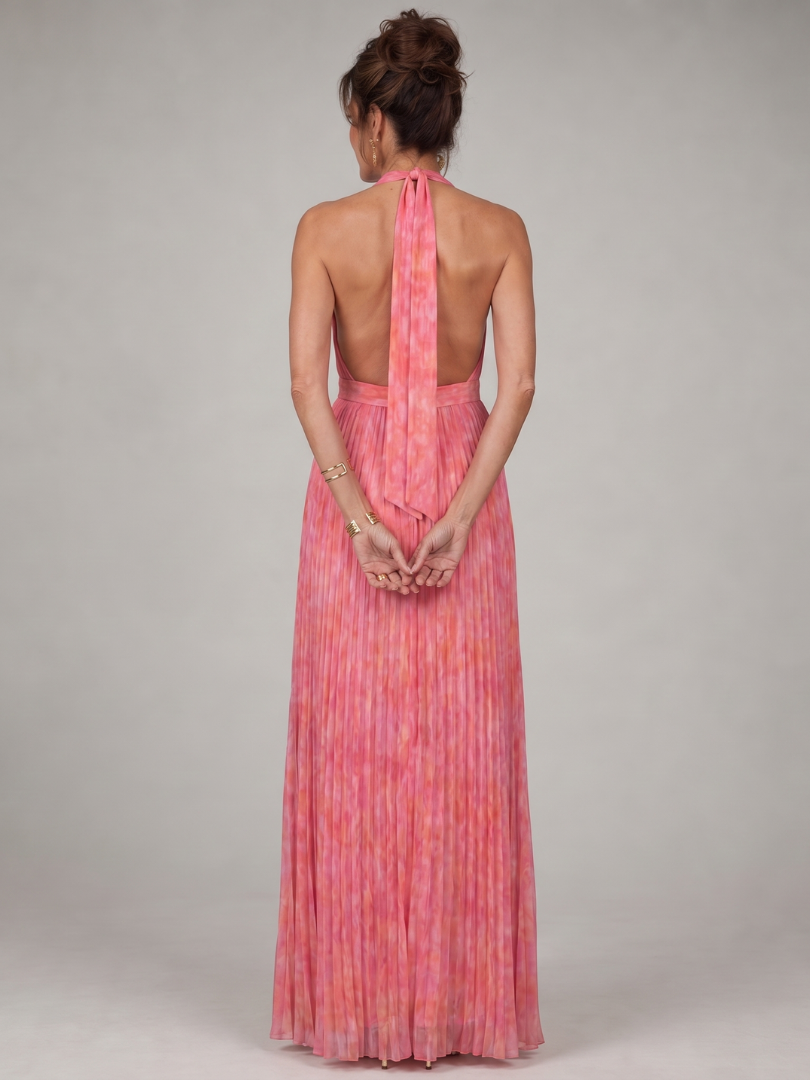 Pink Halter Neck Plunge Pleated Belted A-Line Maxi Gown