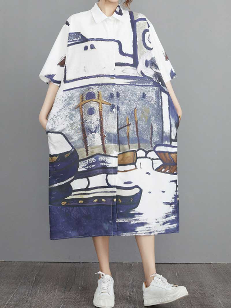 Collared Short Sleeve Abstract Art Print Midi Shirt Dress
