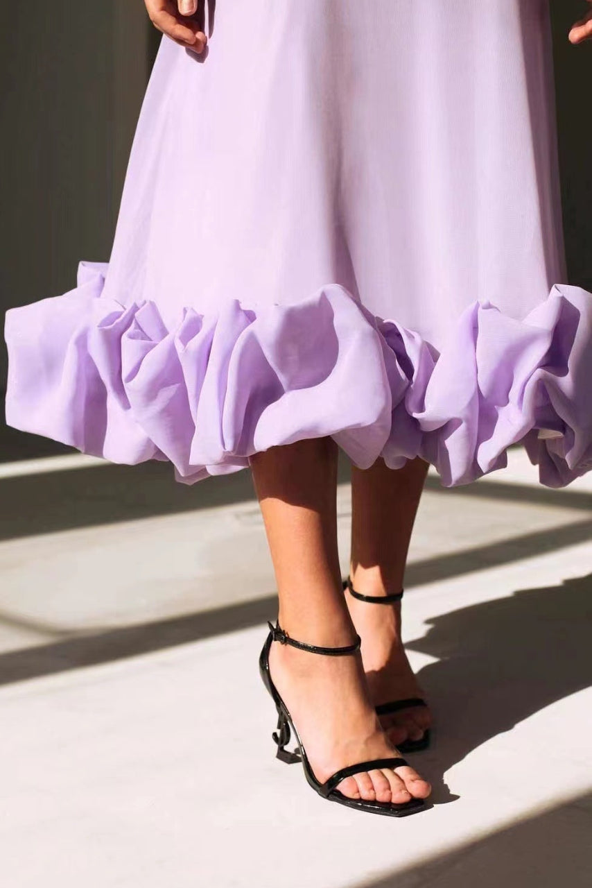 Scoop Neck Spaghetti Strap Ruffle Hem A-Line Midi Dress