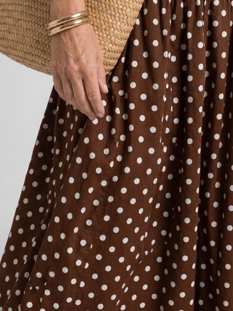 Brown Strapless Polka Dot Fitted Bodice Flared A-Line Maxi Dress 5