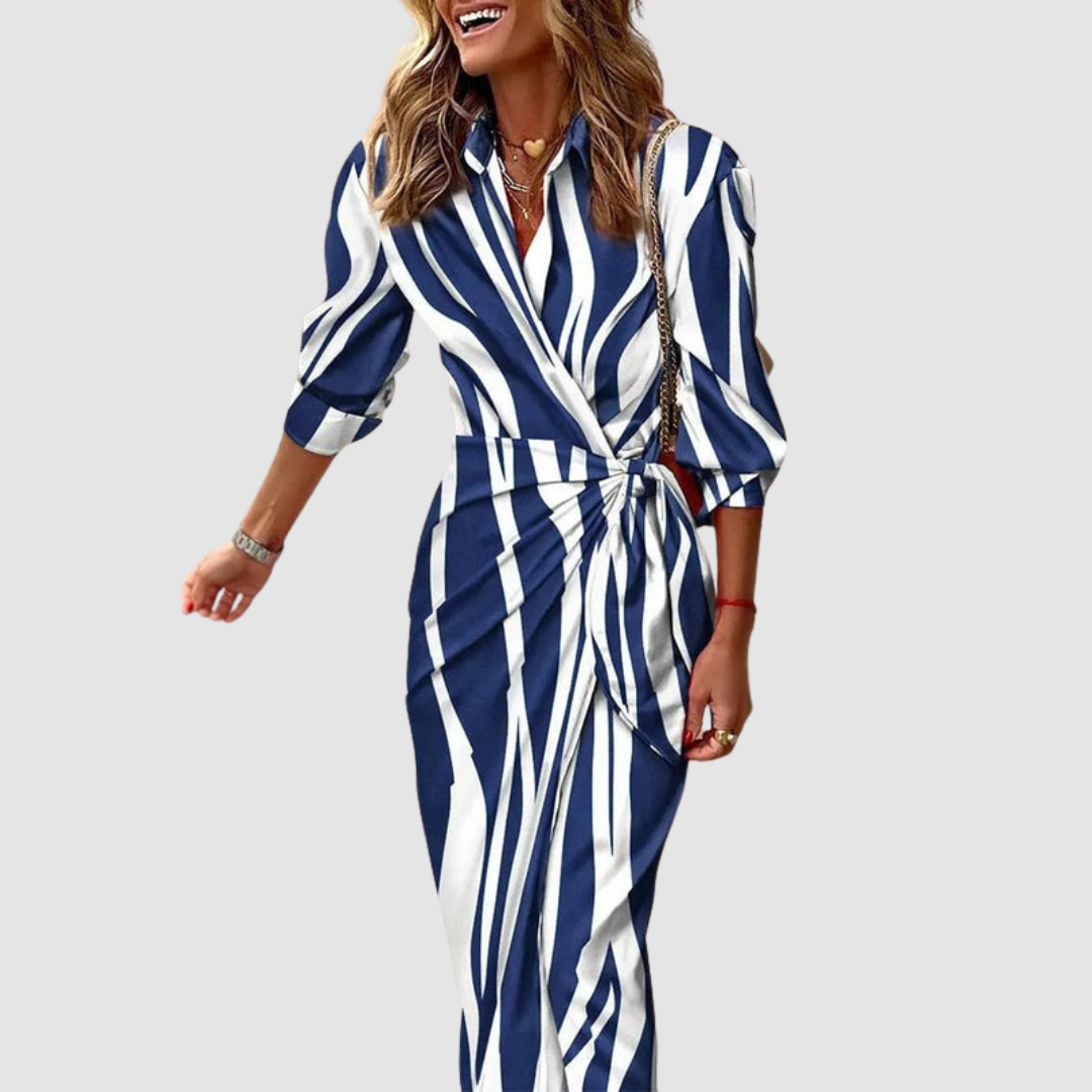 Collared Geometric Stripe Print Long Sleeve Twist Front Bodycon Midi Dress 4