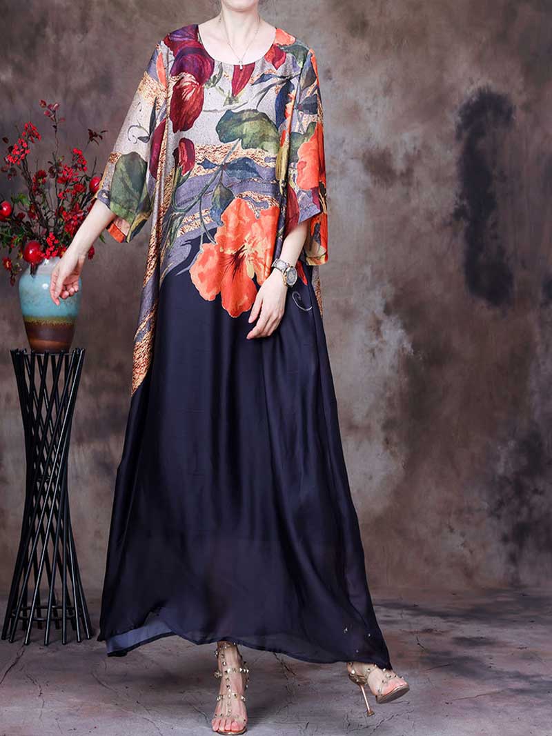 Round Neck Batwing Sleeve Floral Colorblock Loose Maxi Dress 6