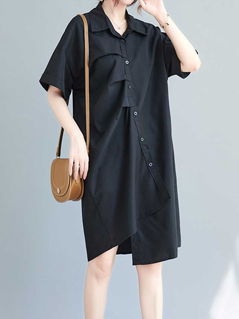 Pointed Collar Button Down Short Sleeve Irregular Hem Shirt Dress