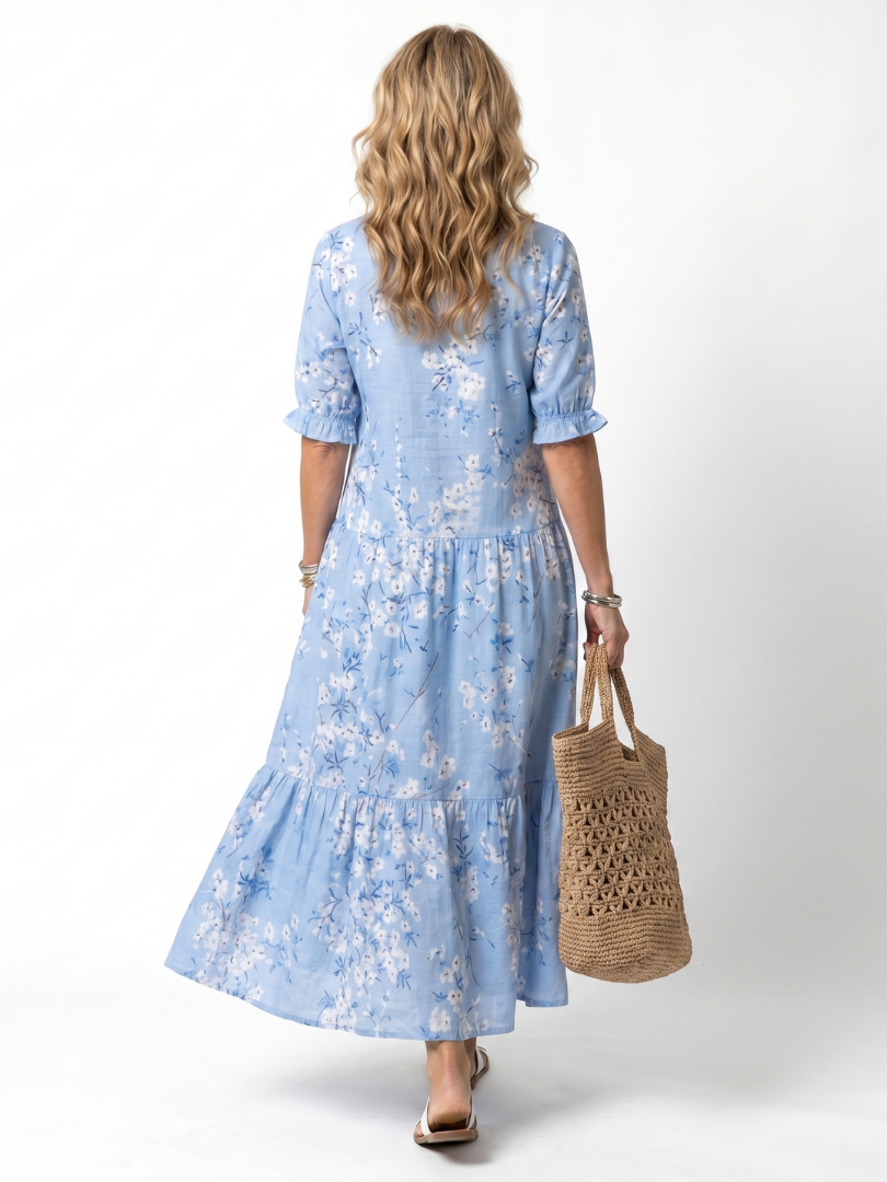 Floral V-Neck Puff Sleeve Floral Print Tiered A-Line Maxi Dress 4