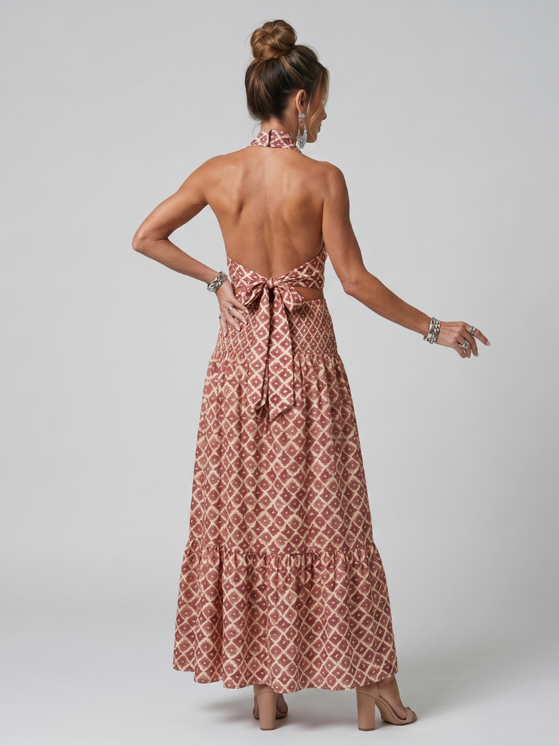 Geometric Halter Neck Geometric Print Waist Cutout Tiered Maxi Dress 4